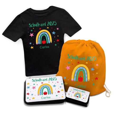 Personalisiertes Schulset - Regenbogen - mit T-Shirt, Sportbeutel, Federmappe & Geldbörse