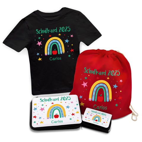 Personalisiertes Schulset - Regenbogen - mit T-Shirt, Sportbeutel, Federmappe & Geldbörse