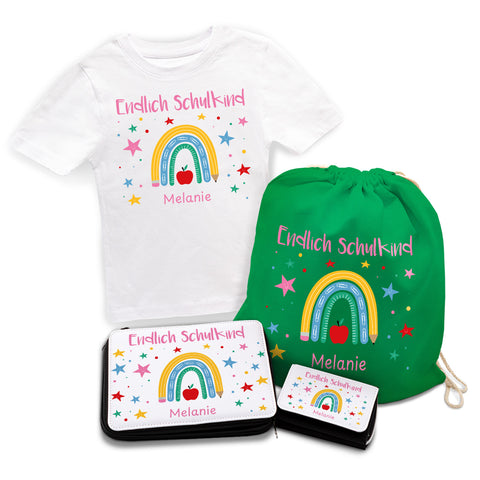 Personalisiertes Schulset - Regenbogen - mit T-Shirt, Sportbeutel, Federmappe & Geldbörse