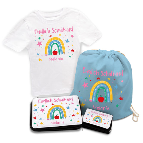 Personalisiertes Schulset - Regenbogen - mit T-Shirt, Sportbeutel, Federmappe & Geldbörse