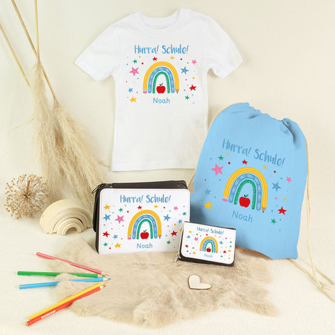 Personalisiertes Schulset - Regenbogen - mit T-Shirt, Sportbeutel, Federmappe & Geldbörse