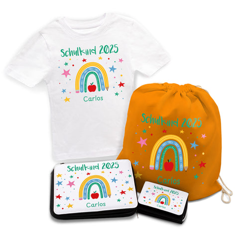 Personalisiertes Schulset - Regenbogen - mit T-Shirt, Sportbeutel, Federmappe & Geldbörse