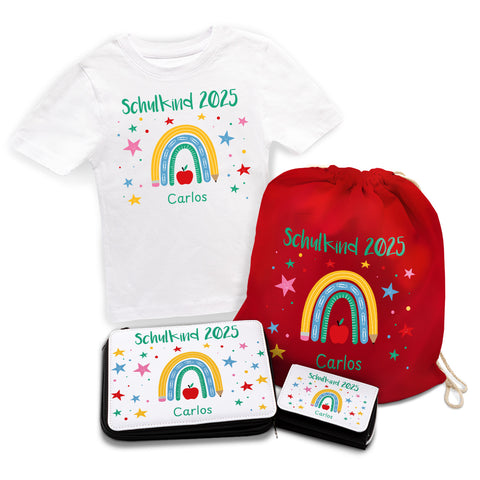 Personalisiertes Schulset - Regenbogen - mit T-Shirt, Sportbeutel, Federmappe & Geldbörse