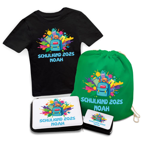 Personalisiertes Schulset - Rucksack - mit T-Shirt, Sportbeutel, Federmappe & Geldbörse