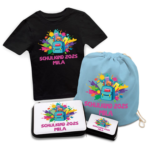 Personalisiertes Schulset - Rucksack - mit T-Shirt, Sportbeutel, Federmappe & Geldbörse