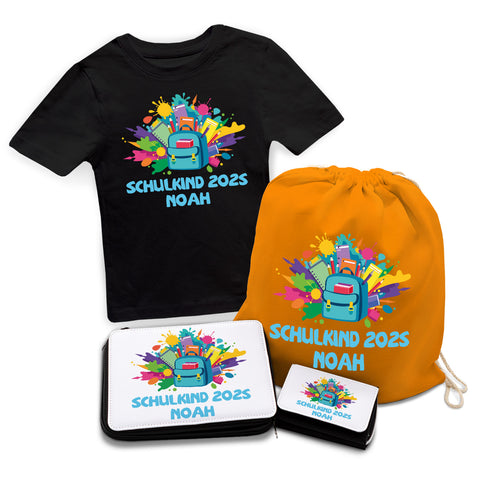 Personalisiertes Schulset - Rucksack - mit T-Shirt, Sportbeutel, Federmappe & Geldbörse