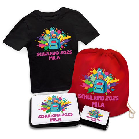 Personalisiertes Schulset - Rucksack - mit T-Shirt, Sportbeutel, Federmappe & Geldbörse