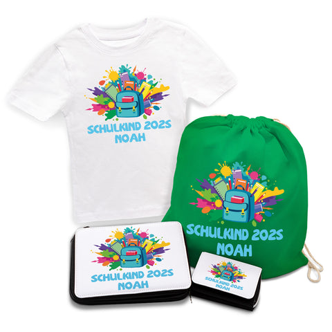 Personalisiertes Schulset - Rucksack - mit T-Shirt, Sportbeutel, Federmappe & Geldbörse