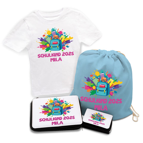 Personalisiertes Schulset - Rucksack - mit T-Shirt, Sportbeutel, Federmappe & Geldbörse
