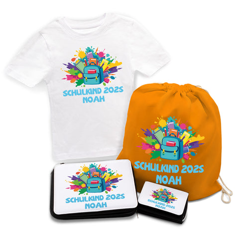 Personalisiertes Schulset - Rucksack - mit T-Shirt, Sportbeutel, Federmappe & Geldbörse
