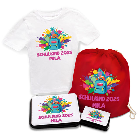 Personalisiertes Schulset - Rucksack - mit T-Shirt, Sportbeutel, Federmappe & Geldbörse