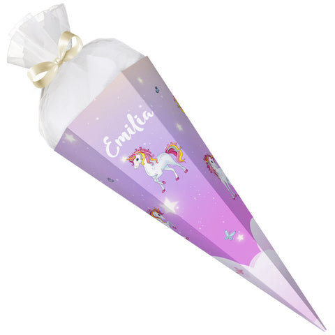 Bedruckte Schultüte mit Namen - Einhorn Rosa
