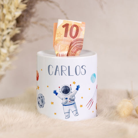 Bedruckte Spardose für Kinder - im Astronaut Design - mit Namen personalisiert