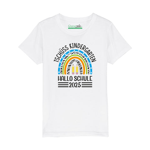 Bedrucktes T-Shirt für Kinder - Tschüss Kindergarten 2025 Regenbogen Blau
