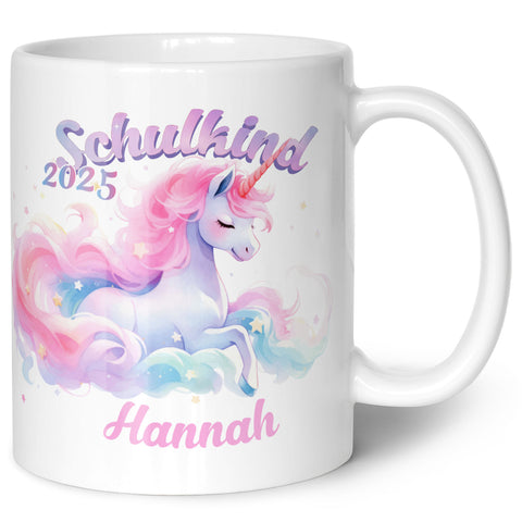 Bedruckte Tasse mit Einschulung magisches Einhorn Motiv - personalisiert mit Name