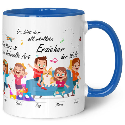 Bedruckte Tasse mit Spruch Erzieher/in Abschied mit springenden Kindern