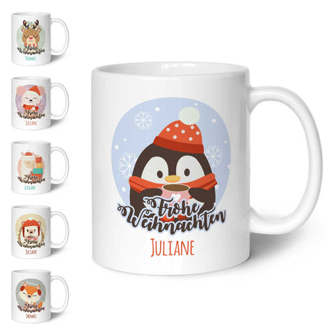 Bedruckte Tasse mit Weihnachtsmotiv - Weihnachtstiere mit Name