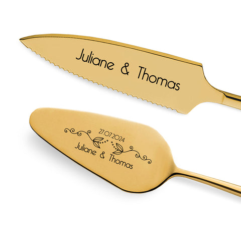 Tortenbesteck im Set - Blumenranke - Mit persönlicher Gravur als Geschenk zur Hochzeit