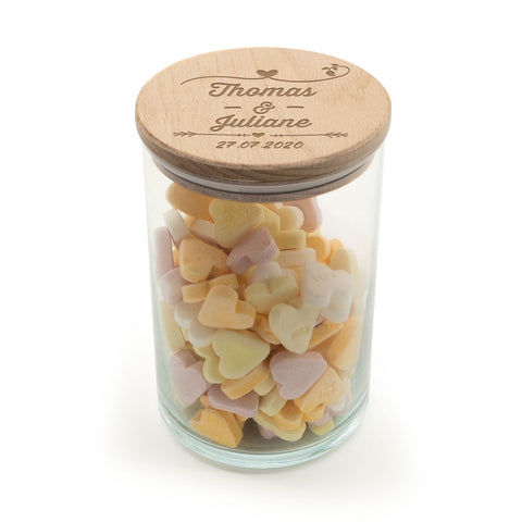 Graviertes Vorratsglas mit Holzdeckel - Zur Hochzeit