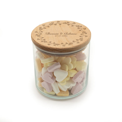 Graviertes Vorratsglas mit Holzdeckel - Kranz Herzen