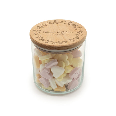 Graviertes Vorratsglas mit Holzdeckel - Kranz Herzen
