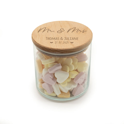 Graviertes Vorratsglas mit Holzdeckel - Mr & Mrs