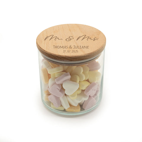Graviertes Vorratsglas mit Holzdeckel - Mr & Mrs Symbol