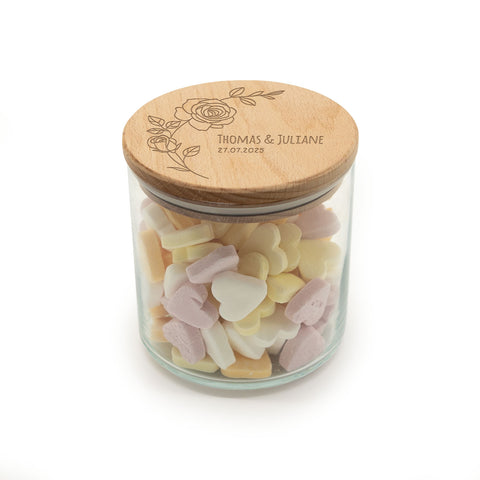 Graviertes Vorratsglas mit Holzdeckel - Rose