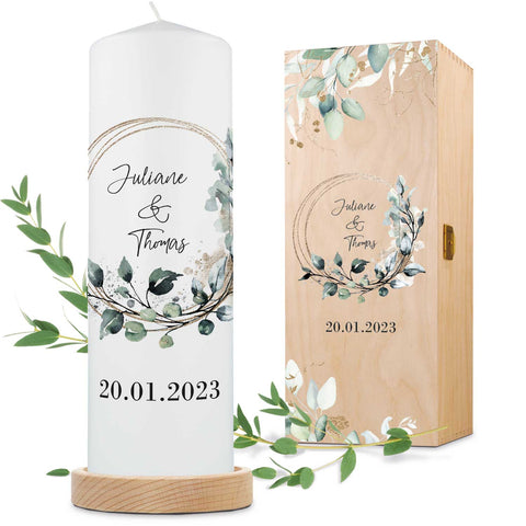 Große Kerze "Floral Kreis" Traukerze Brautkerze mit Namen & Datum zur Hochzeit