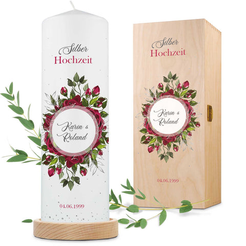 Große Kerze "Silber Hochzeit" - Hochzeitskerze mit Namen, Datum & Wunschtext zur Silberhochzeit