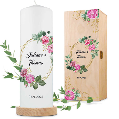 Große Kerze "Pink Rose" - Hochzeitskerze mit Namen, Datum & Wunschtext