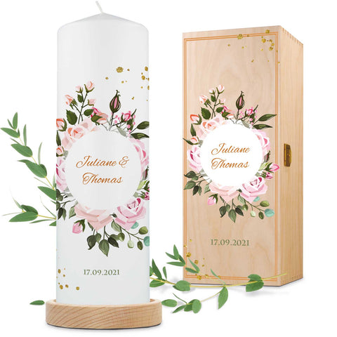 Große Kerze "Summer & Flower" - Hochzeitskerze mit Namen, Datum & Wunschtext