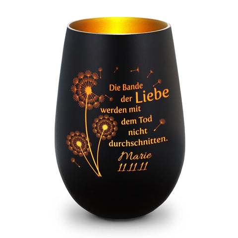 Deko Windlicht aus Glas mit Gravur - Pusteblumen - Personalisiert mit Namen & Datum