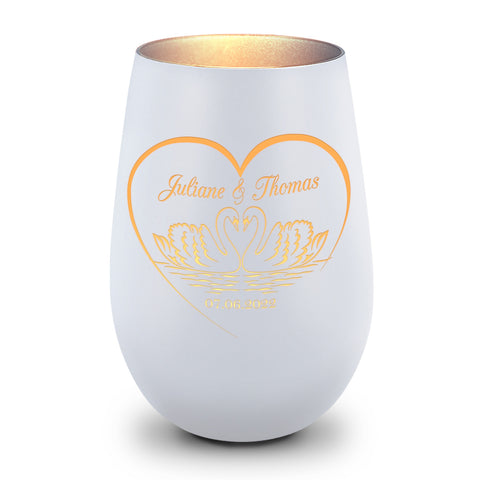 Deko Windlicht aus Glas mit Gravur - Schwanenherz - Personalisiert mit Namen & Datum