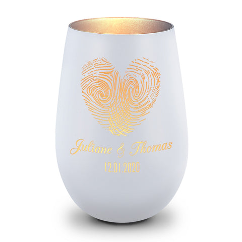 Deko Windlicht aus Glas mit Gravur - Herz Fingerabdruck - Personalisiert mit Namen & Datum