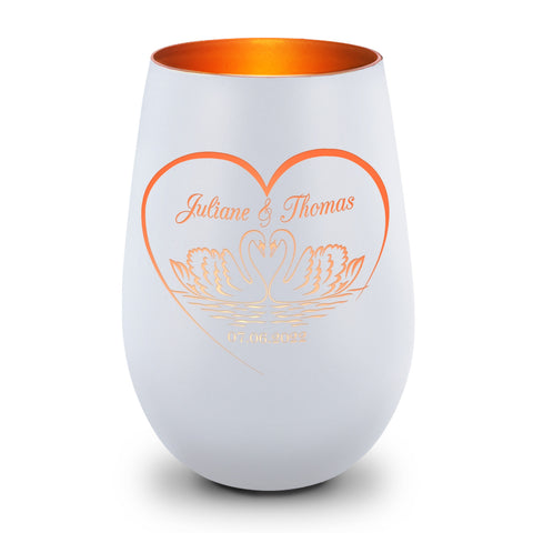 Deko Windlicht aus Glas mit Gravur - Schwanenherz - Personalisiert mit Namen & Datum