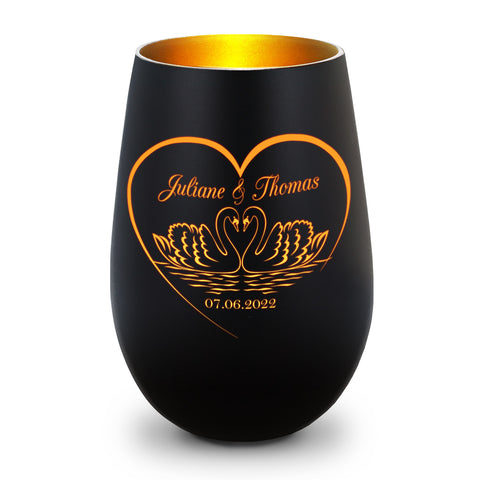 Deko Windlicht aus Glas mit Gravur - Schwanenherz - Personalisiert mit Namen & Datum