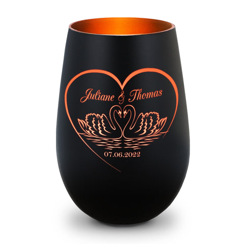 Deko Windlicht aus Glas mit Gravur - Schwanenherz - Personalisiert mit Namen & Datum