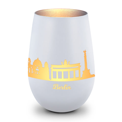 Deko Windlicht aus Glas mit Gravur - Skyline Berlin
