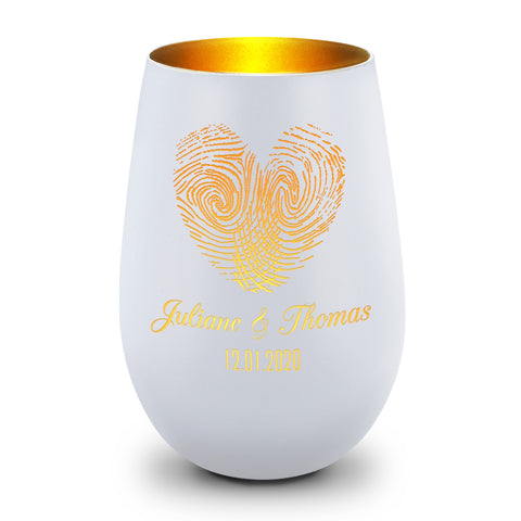 Deko Windlicht aus Glas mit Gravur - Herz Fingerabdruck - Personalisiert mit Namen & Datum