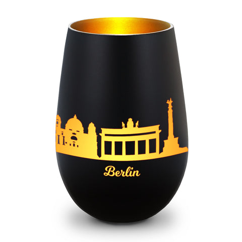 Deko Windlicht aus Glas mit Gravur - Skyline Berlin