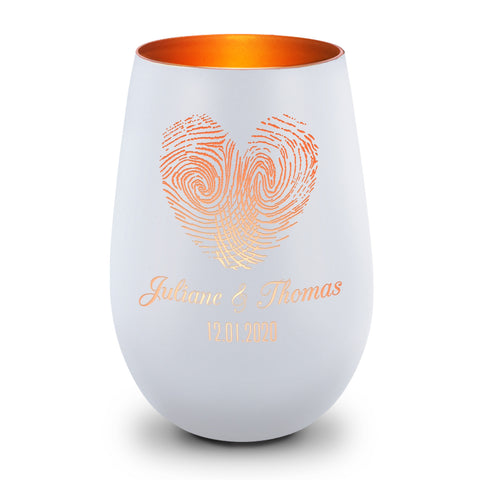 Deko Windlicht aus Glas mit Gravur - Herz Fingerabdruck - Personalisiert mit Namen & Datum