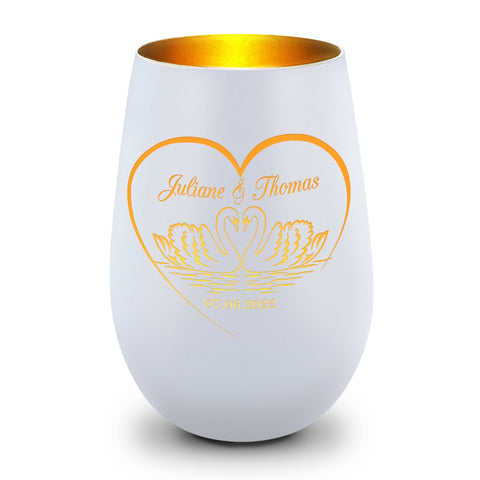 Deko Windlicht aus Glas mit Gravur - Schwanenherz - Personalisiert mit Namen & Datum