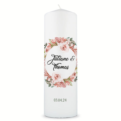 Große Kerze "Floral White" - Hochzeitskerze mit Namen, Datum & Wunschtext