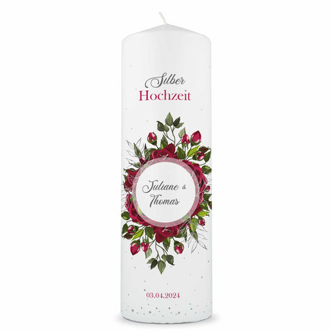 Große Kerze "Silber Hochzeit" - Hochzeitskerze mit Namen, Datum & Wunschtext zur Silberhochzeit