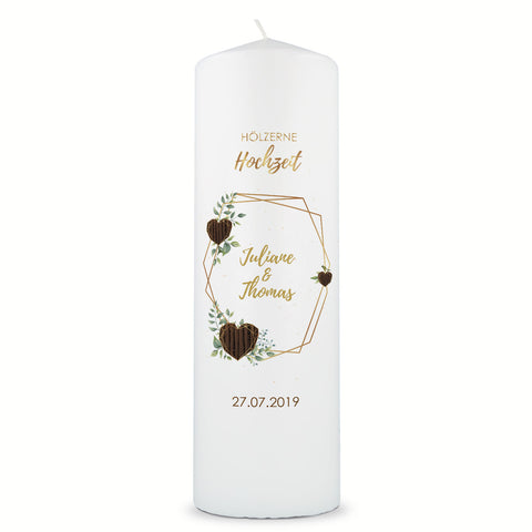 Große Kerze "Hölzerne Hochzeit" - Hochzeitskerze mit Namen, Datum & Wunschtext
