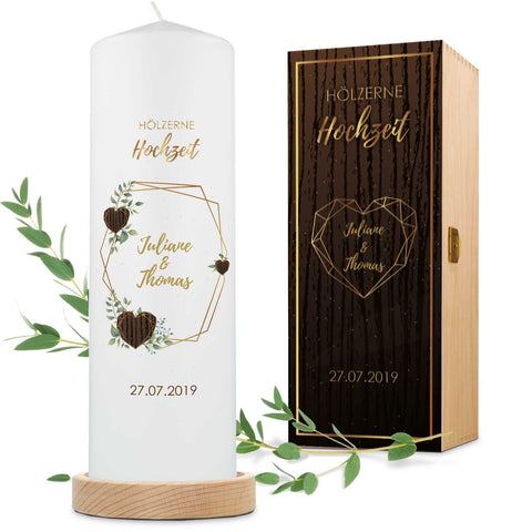 Große Kerze "Hölzerne Hochzeit" - Hochzeitskerze mit Namen, Datum & Wunschtext