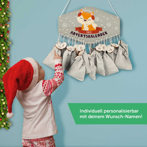 Personalisierter Adventskalender aus Holz mit Druckmotiv & Namen - Wintertiere