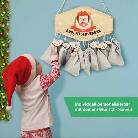 Personalisierter Adventskalender aus Holz mit Druckmotiv & Namen - Wintertiere