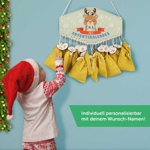 Personalisierter Adventskalender aus Holz mit Druckmotiv & Namen - Wintertiere